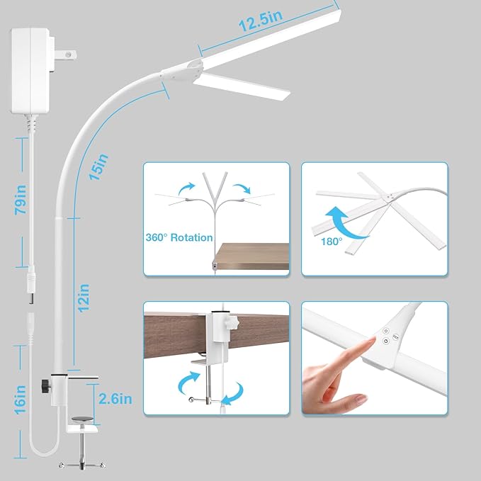 LED Desk Lamp, Double Head Desk Lamps for Home Office, Dimmable 25 Lighting Modes Bright Desk Lighting,12W 1400lm Eye-Caring Architect Table Lamp for Workbench Monitor Reading Study, White - LeafyLoom