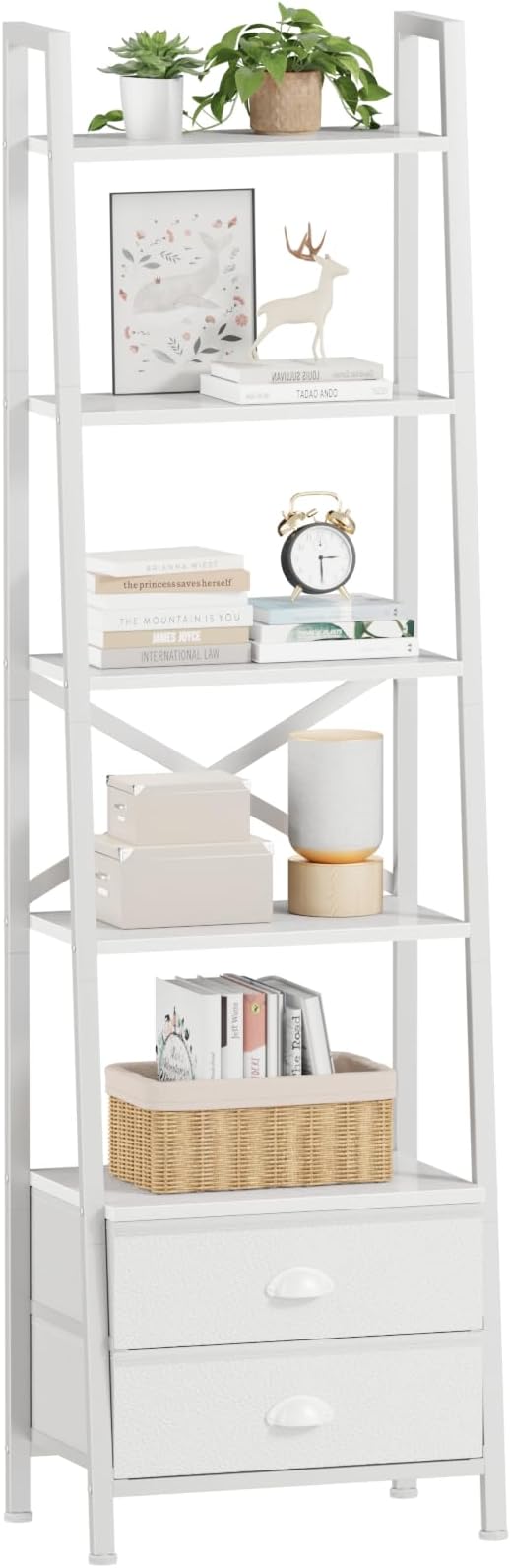 Furologee 5-Tier Ladder Shelf with 2 Drawers,Narrow Bookshelf Storage Shelves,Industrial Bookcase Freestanding Shelf Units for Bedroom,Living Room,Bathroom,Home Office,Balcony,Wood Metal, White - LeafyLoom