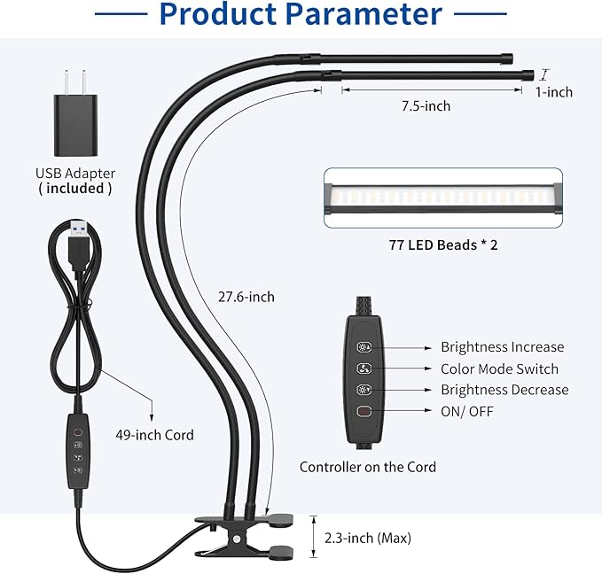 iZELL Desk Lamp, [2 LED Tube] Desk Lamps for Home Office with Clamp, Flexible Gooseneck LED Book Light, Easy Clip on Reading Lights for Bedrooms Beside Table Headboard College Dorm Bed Room - Black - LeafyLoom