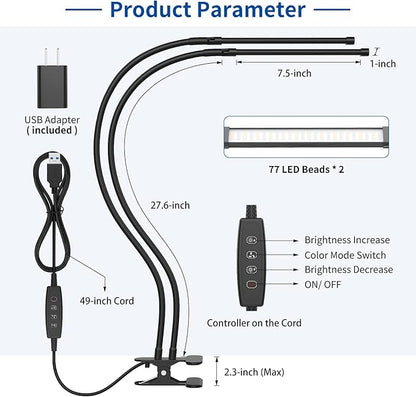 iZELL Desk Lamp, [2 LED Tube] Desk Lamps for Home Office with Clamp, Flexible Gooseneck LED Book Light, Easy Clip on Reading Lights for Bedrooms Beside Table Headboard College Dorm Bed Room - Black - LeafyLoom