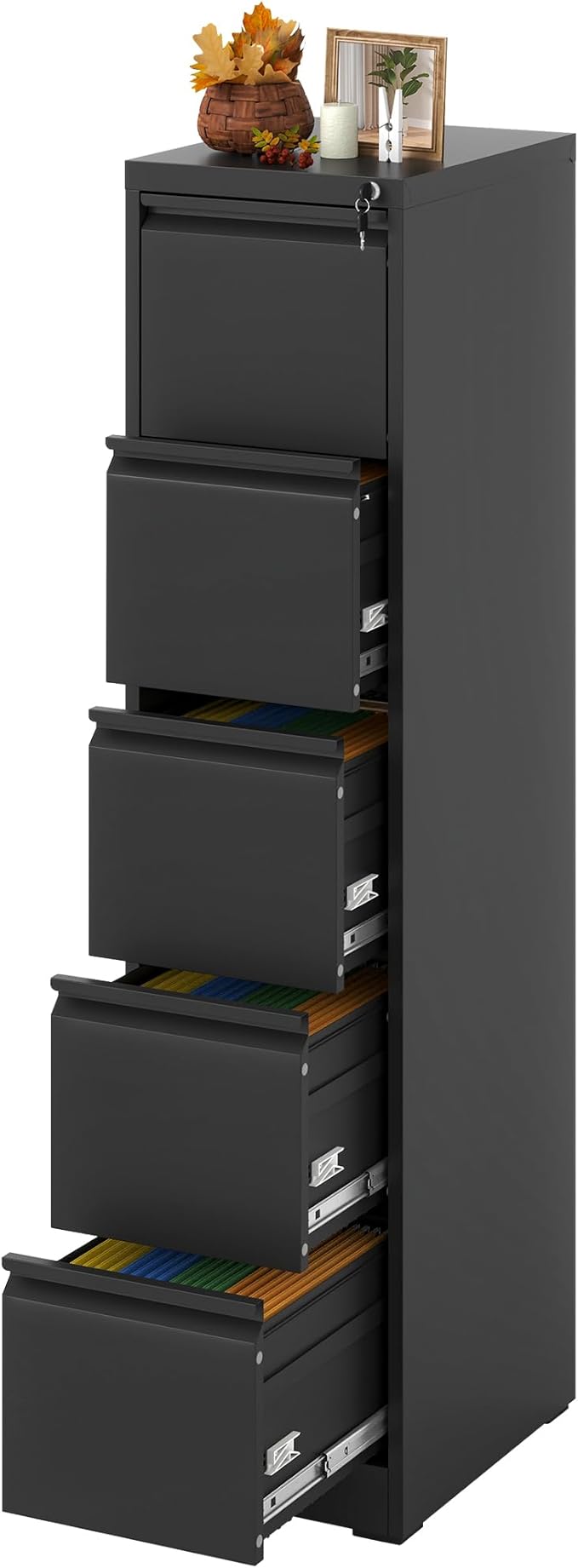 5 Drawer Vertical File Cabinet with Lock, File Cabinet for Home Office, Locking File Cabinet Hanging Files for A4/ Legal/Letter(Require Assembly, Black) - LeafyLoom