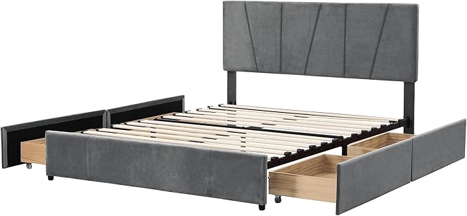 Queen Size Upholstered Platform Bed Frame with 4 Storage Drawers and Adjustable Headboard, Wooden Slats Support, No Box Spring Needed, Gray - LeafyLoom