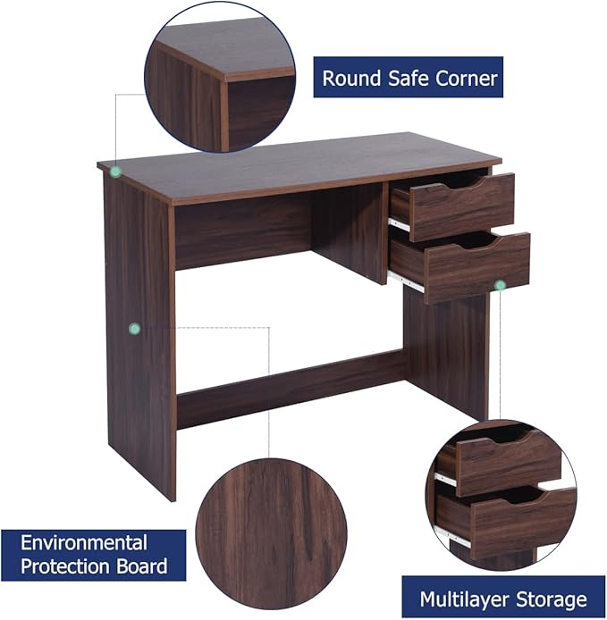 Home Office Computer Desk, 35.4" Small Study Writing Table, with Storage Drawers, Modern Teen Student Adult PC Table Desk, Walnut - LeafyLoom