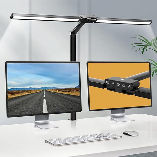 Hapfish LED Desk Lamps for Home Office, 24W Double Head Clip on Desk Light Bar with Light Sensor Function, 5 Color Modes and 5 Dimmable, Eye Protection Clamp Lamp for Monitor Studio Reading Study - LeafyLoom