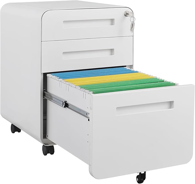 3 Drawer Mobile Desk Office with Lock and Wheels,Versatile Storage Cabinets w/Anti-Tilting Cold Rolled Steel Waterproof Moisture-Proof,for Legal/Letter/A4 Files,White - LeafyLoom