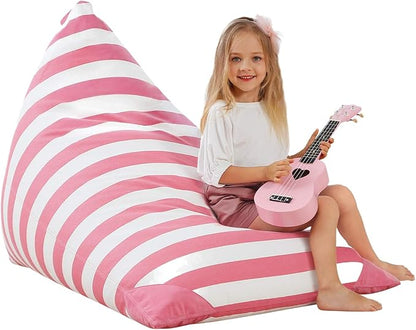 Aubliss Stuffed Animal Storage Bean Bag Chairs Cover, 50"x 35" Extra Large Bean Bags Chair for Kids & Adults, Beanbag Toy Storage for Boys Girls - Premium Cotton Canvas Pink Stripe - LeafyLoom