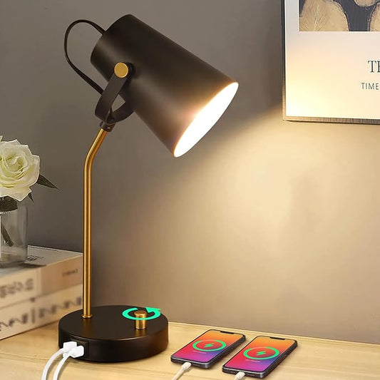 LED Desk Lamp with USB C+A Charging Ports - Dimmable Touch Bedside Reading Lamp Flexible Head - Vintage Black Nightstand Table Lamp for College Dorm Room Bedroom Living Room Office Bulb Included - LeafyLoom