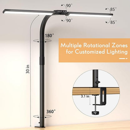 Quntis Desk Lamp for Home Office, 30.7'' Double Head Architect Desk Light with Clamp, 24W Bright 25 Lighting Modes Eye Care No Glare, Adjustable Gooseneck Task Lamp Workbench Reading Study, Gray - LeafyLoom