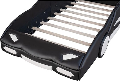 Twin Size Race Car Bed, PU Car-Shaped Bed Frame with Wheels and Guardrails for Kids,Boys,Wood Slat Support, No Box Spring Needed,Black - LeafyLoom