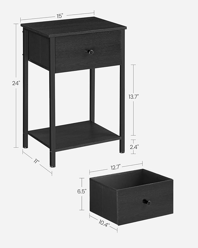 VASAGLE Nightstands, Set of 2, Side Table with Fabric Drawer, 24-Inch Tall End Table with Storage Shelf, Bedroom, Black ULGS221B21 - LeafyLoom