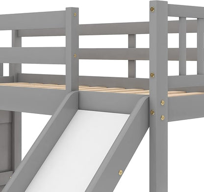 Twin Bunk Bed with Convertible Slide and Stairs, Wooden Low BunkBed Frame for Kids Teens Bedroom, Dorm, Gray - LeafyLoom