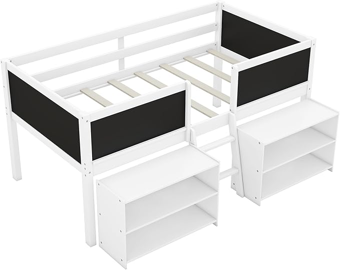 Twin Size Low loft Bed with Movable Shelves for Kids,Kids Low Loft Bed Frame with Guardrail Chalkboard and Storage,Solid Wood Loft Bed Twin for Boys,Girls (White) - LeafyLoom