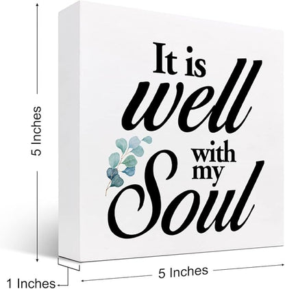 Christian Quote It Is Well With My Soul Wood Box Sign,Holy Bible Quote Decor Desk Sign,Inspirational Song and Hymn Wooden Block Sign for Home Bedroom Office Shelf Tabletop - LeafyLoom