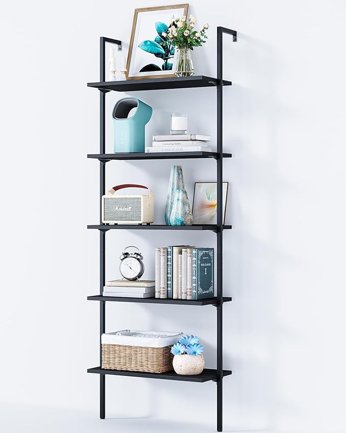 ODK 5-Tier Ladder Shelf, 74 Inches Wall Mounted Ladder Bookshelf with Metal Frame, Open Industrial Shelves for Home Office, Bedroom and Living Room, Black - LeafyLoom