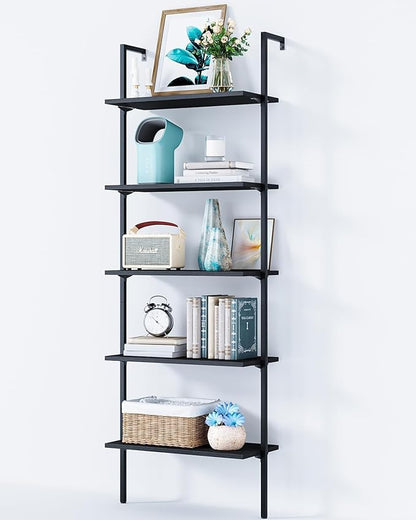 ODK 5-Tier Ladder Shelf, 74 Inches Wall Mounted Ladder Bookshelf with Metal Frame, Open Industrial Shelves for Home Office, Bedroom and Living Room, Black - LeafyLoom