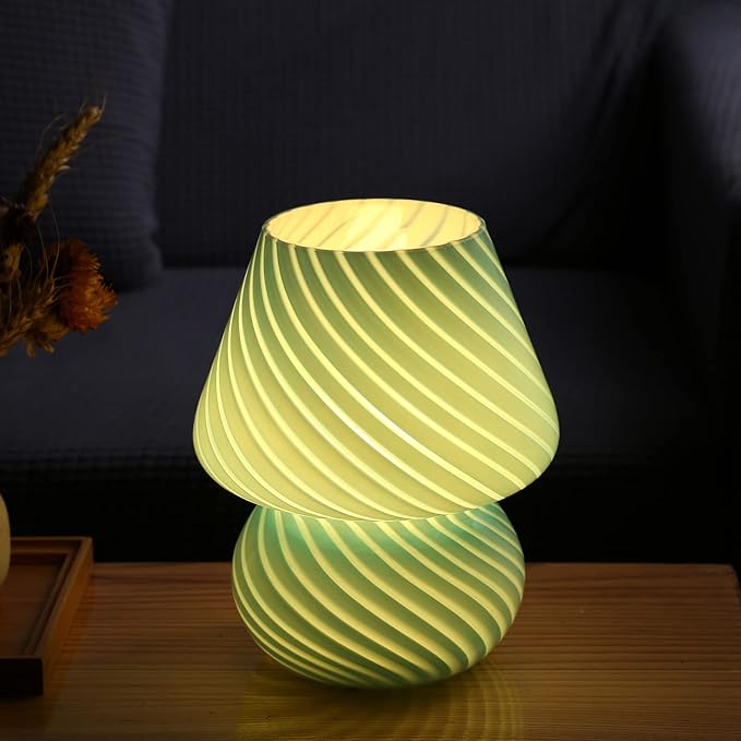 Mushroom Lamp,Glass Arctic Blue Mushroom Bedside Table Lamps Vintage Translucent Murano Style Striped Small Nightstand Desklamp Swirl Light for Home Decor, Dining, Living, Bedroom, Gift (Stripe Blue) - LeafyLoom