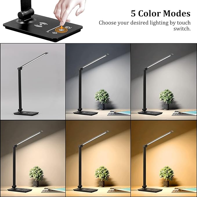 LED Desk Lamp with Wireless Charger, Desk Lamp for college dorm room with 5 Color Modes & Fully Dimming Function, Eye Caring Table Lamps for Study, Office Lamp with Adjustable Arm, Auto Timer 30/60min - LeafyLoom