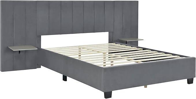 Queen Upholstered Platform Bed Frame with Extended Headboard and and Two Shelves, Velvet Bed, No Box Spring Needed, Gray - LeafyLoom