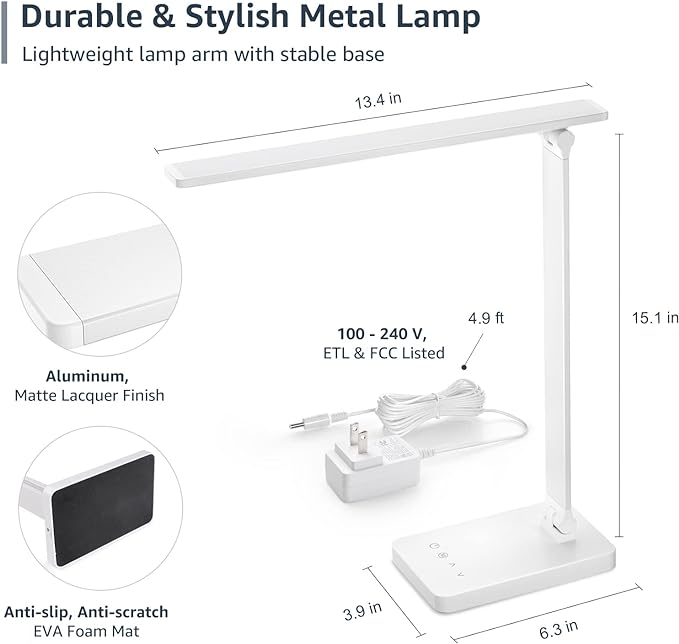 Lepro LED Desk Lamp with USB Charging Port Dimmable Home Office Touch Control Reading Table Lamp,3 Color Modes with 5 Brightness Level, School Dorm Room Essentials, Task Lamp, Sewing, Crafting, White - LeafyLoom