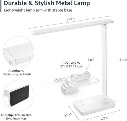 Lepro LED Desk Lamp with USB Charging Port Dimmable Home Office Touch Control Reading Table Lamp,3 Color Modes with 5 Brightness Level, School Dorm Room Essentials, Task Lamp, Sewing, Crafting, White - LeafyLoom