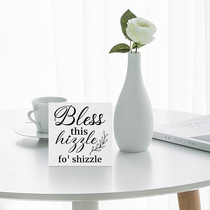 Creoate Bless This Hizzle for Shizzle Box Signs Desk Decor, White Inspirational Wooden Block Sign Shelf Desk Decorations Farmhouse Home Décor Accents Dining Room Living Room Desk Table Decor, - LeafyLoom