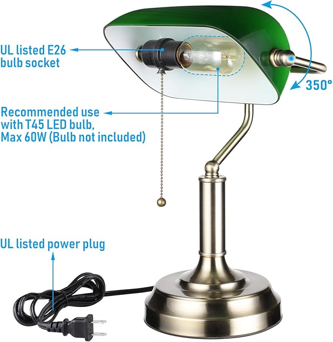 TORCHSTAR Green Glass Bankers Desk Lamp, UL Listed, Antique Desk Lamps with Brass Base, Traditional Library Lamp with Pull Chain, E26 Base, Vintage Desk Lamp for Office, Study Room - LeafyLoom