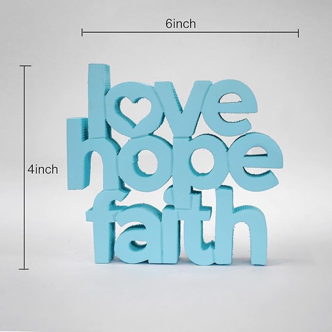 Love Hope Faith Blue, Aesthetic table decor for home or office, desk or Shelf. Quirky room decoration showpiece, ideal for birthday gift, corporate gift, and inspiring wall decor. - LeafyLoom