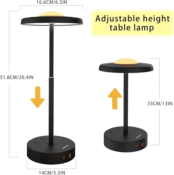 LED Table Lamp Dimmable Desk Lamp Reading Lamp with USB A & Type C Charging Port 2 Prong Outlet Power Touch Control Night Light Retractable for Bedroom, Living Room, Dorm, Study, Home Office - LeafyLoom