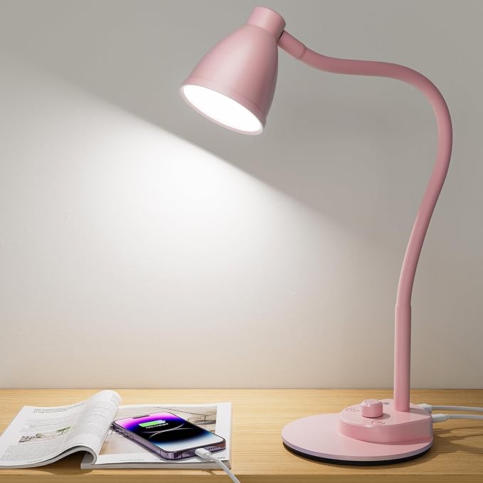 BOHON Cute Desk Lamp with USB Charging Port, Pink Lamp 3 Color Modes Dimmable Reading Lamp, Flexible Gooseneck Table Light Auto Dimming Task Lamp, LED Desk Light for Home Office Dorm Bedside, Pink - LeafyLoom