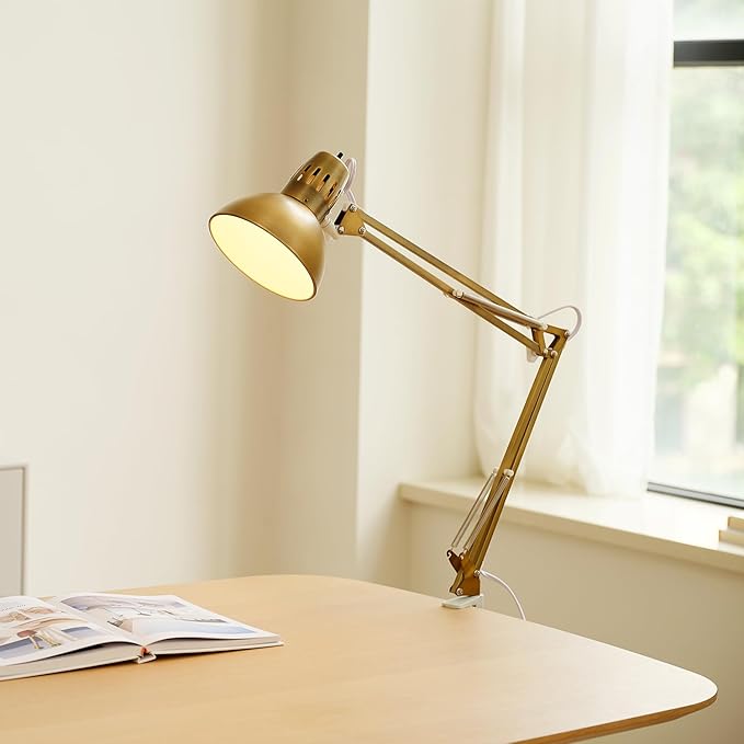 Globe Electric 62000010 32" Multi-Joint Desk Lamp with Metal Clamp, Matte Brass, White Accents, On/Off Rotary Switch on Shade, Partially Adjustable Swing Arm, Home Décor, Office Accessory - LeafyLoom