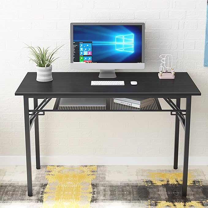 Need Folding Computer Desk with Storage Shelf, 47 inches Home Office Desk Folding Table Computer Workstation Desk, No Assembly Needed, Black - LeafyLoom