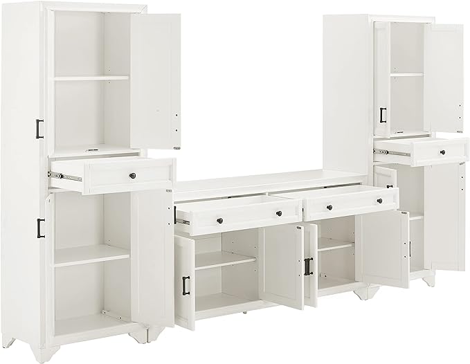 Crosley Tara 3-Piece Sideboard and Pantry Set with 2 Pantries, Distressed White - LeafyLoom