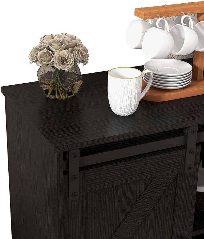 Panana Sliding Barn Door Buffet Sideboard Storage Cabinet Coffee Bar Kitchen Farmhouse Style (Black) - LeafyLoom