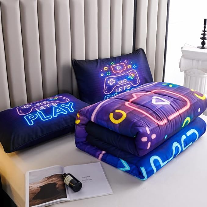 Gamer Bedding Sets for Boys,Twin Comforter Set for Boys,Gaming Comforter Set for Boys,Kids Bedding Twin with 2 Gamer Pillowcases,Microfiber Boys Bed Set,All Season Use - LeafyLoom