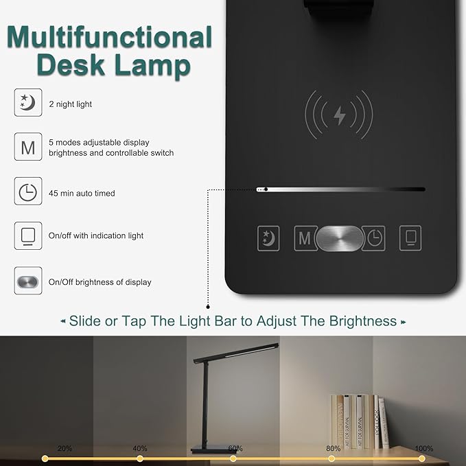 10 in 1 Smart Desk Lamp, Desk Table Lamp for Office, Eye-Caring Office Lamp with Night Light, Lamp for Desk with 10W Wireless Charger, Dimmable Touch Lamp for Home College Dorm Reading Study Work Room - LeafyLoom