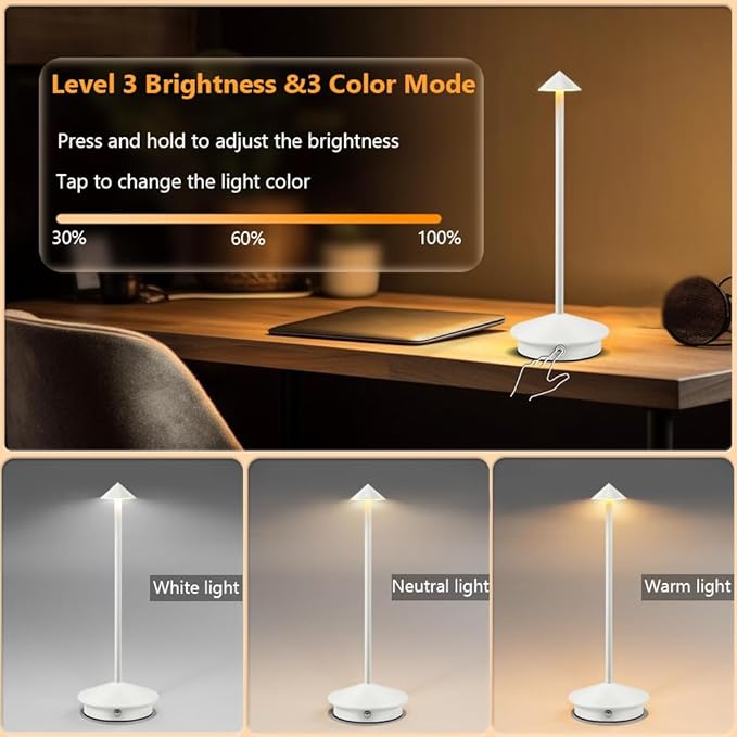 Portable LED Table Lamp with Touch Sensor, 3-Levels Brightness Metal Desk Lamp, 3 Color Touch Control Rechargeable Lamp, Night Light, Bedside Lamp,Dining Room Lamp (White) - LeafyLoom