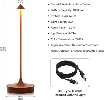 Cordless Table Lamp Rechargeable, Battery Operated Desk Lamp, 4000mAh LED Touch Lamp, Dimmable Portable Outdoor Waterproof Wireless Table Light for Restaurants/Bars/Outdoor(1PC, Brown) - LeafyLoom