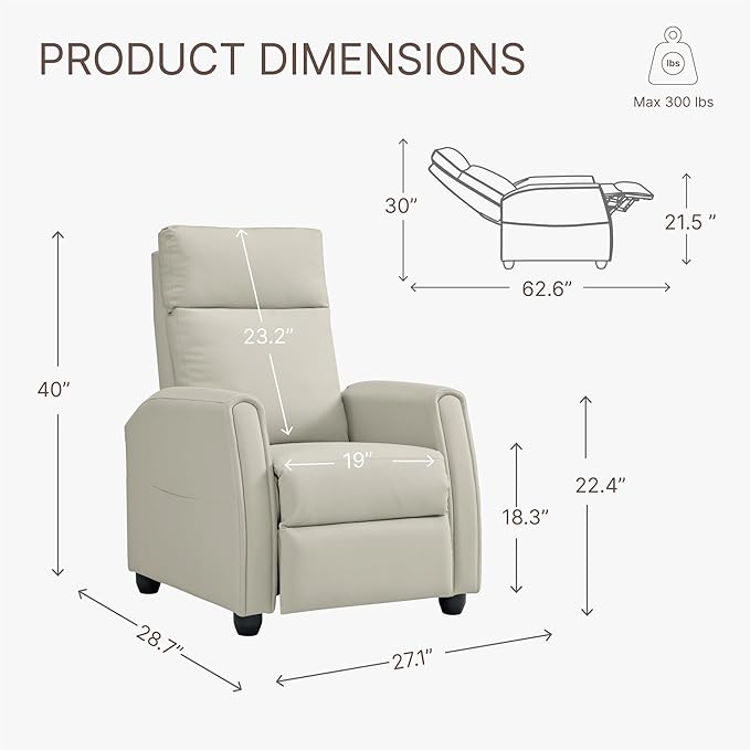 Recliner Chair for Adults PU Leather Push Back Armchair with 4 Colors Ambient Lighting Home Theater Seating with Massage & Heat Vibration Single Sofa for Living Room, Cream - LeafyLoom