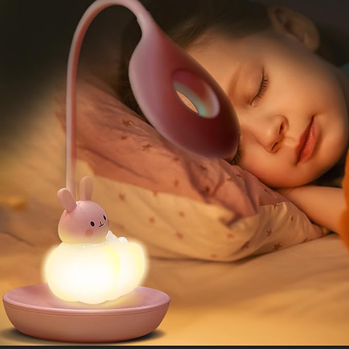 Kids Desk Lamp Pink, Dimming Desk Lamp for Girls with Exclusive Cartoon Look, Cute Night Light for Kids Bedroom, Eye-Caring LED Portable Reading Lamp for Child, Unique Gift (Pink Rabbit) - LeafyLoom