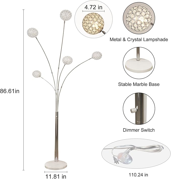 Depuley 5-Light Modern LED Floor Lamp, Adjustable Metal Tall Standing Lamps with Marble Base, Dimmable Arc Floor Lamp with Flexible Rotating Lights for Living Room, Bedroom(Silver, G9 Bulbs Included) - LeafyLoom