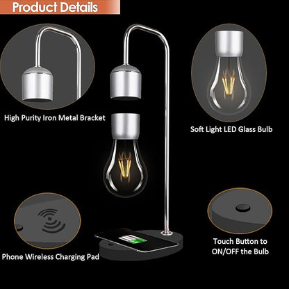 Magnetic Levitating Lamp with Wireless Phone Charger for iPhone Pro Max Floating Light Bulb LED Night Light Table Lamp Levitation Desk Lamp for Christmas Gift Bedroom Office Decoration - LeafyLoom