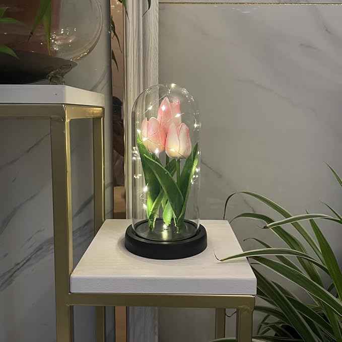 LED Tulip Lamp Artificial Flower Night Light Handmade Light up Tulips in Glass Dome Table Lamp Ornaments Desktop Decor - Battery Operated (Pink) - LeafyLoom