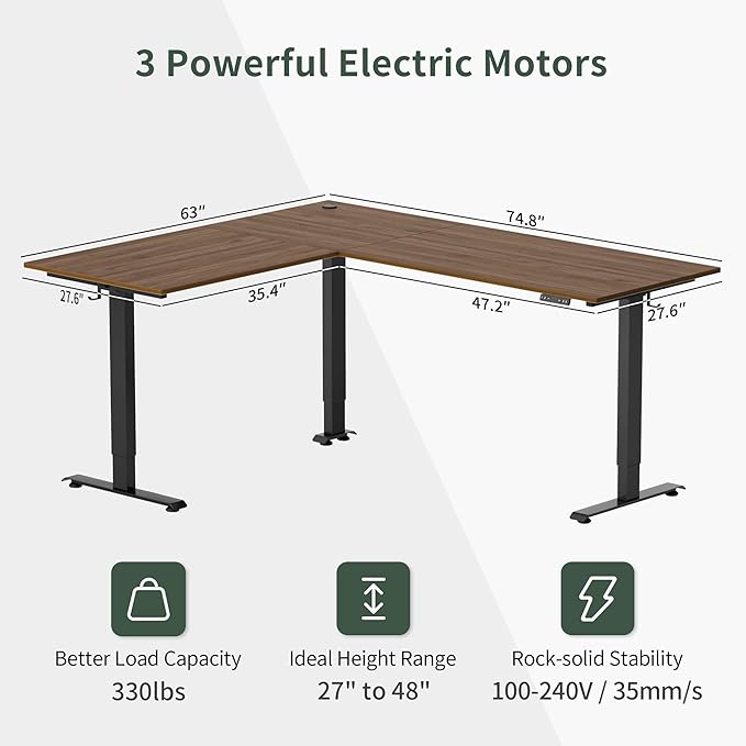 FEZIBO Triple Motor L-Shaped Electric Standing Desk, 75 Inches Height Adjustable Stand up Corner Desk, Sit Stand Workstation with Splice Board, Black Frame/Black Walnut Top - LeafyLoom