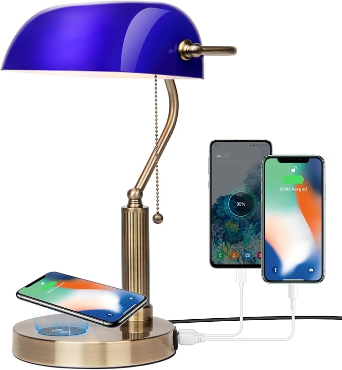 FIRVRE Bankers Lamp with2 USB and Wireless Charging Port，Pull Chain Switch Blue Glass Desk Lamp， E26 Base,Traditional Library Desk Lamps for Home Office,Bedroom,Piano - LeafyLoom