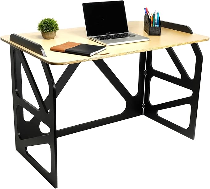 EXCELLO GLOBAL PRODUCTS Stow Away Desk with 30" x 47" Writing Surface: Perfect for Apartments, Dorms, Small Spaces and Work from Home (Natural & Black Finish) - LeafyLoom