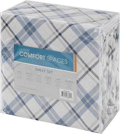 Comfort Spaces Cotton Flannel Breathable Warm Deep Pocket Sheets with Pillow Case Bedding, Cal King, Blue Plaid 4 Piece - LeafyLoom