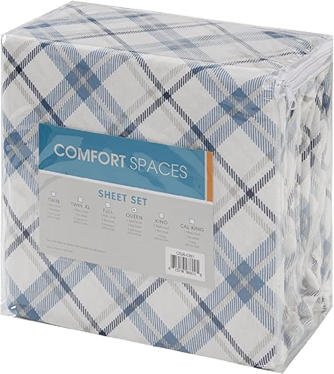 Comfort Spaces Cotton Flannel Breathable Warm Deep Pocket Sheets with Pillow Case Bedding, Full, Blue Plaid 4 Piece - LeafyLoom