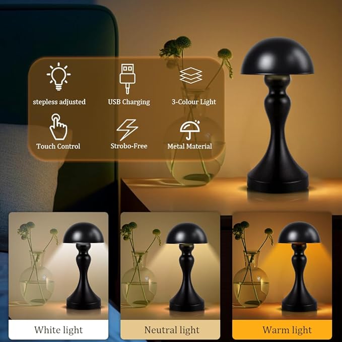 Portable LED Table Lamp, 3-Levels Brightness Metal Desk Lamp, 3 Color Touch Control Rechargeable Lamp, Night Light, Bedside Lamp,Dining Room Lamp (Black) - LeafyLoom