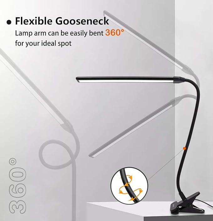 Clamp on Lamp, Clip Light, Desk Lamps 3 Color Temperature Setting, 10 Brightness Levels, 2m USB Cord Power Supply and AC Adapter Included, Pack of 2 (Black) - LeafyLoom