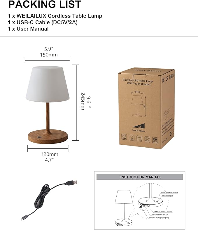 Outdoor Battery Operated Table Lamp Waterproof, 4000mAh Cordless Rechargeable, Touch Dimmable Desk Lamp, LED Night Light for Patio Camping Restaurant Home, H9.6in, Wood Grain - LeafyLoom